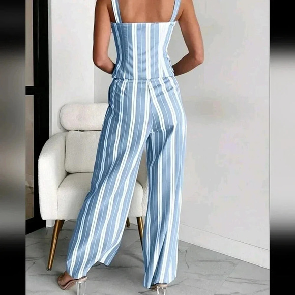 Women's Striped & Printed Simple Daily Camisole Top And Pant Set - Picture 5 of 5